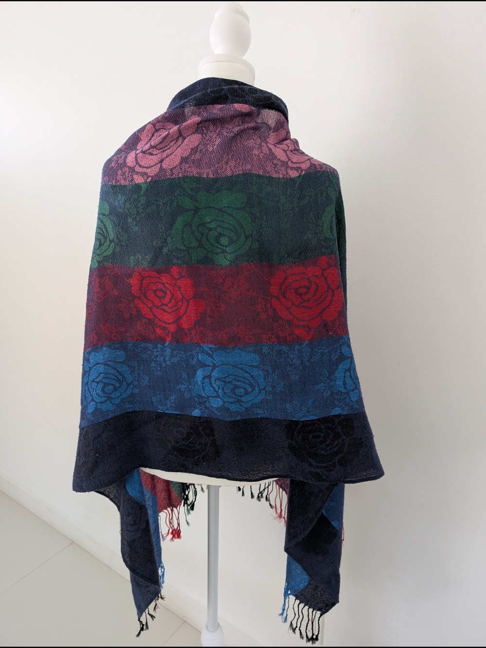 Woven Floral Shawl Multicolor Rose Jacquard Pattern Fringe Edges Oversize Scarf - Picture 2 of 7